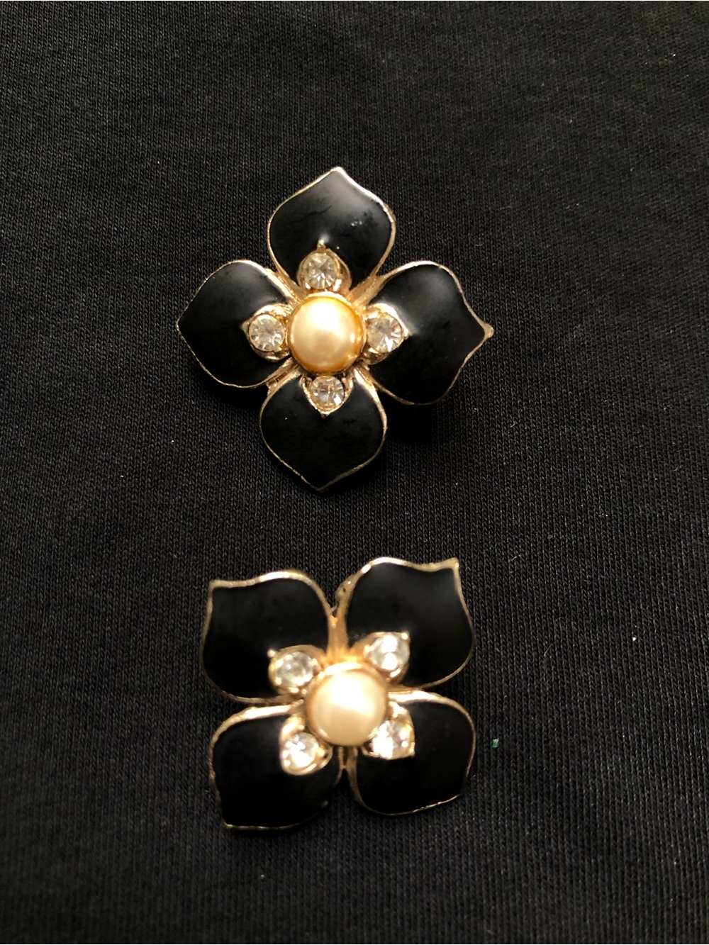 Vintage Black and Gold Flower Earrings with Pearl and Crystal Center